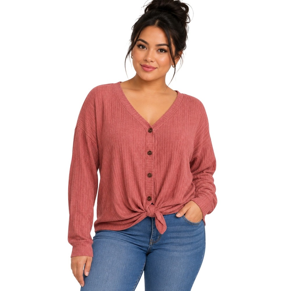 SO Womens Ribbed Tie Front Button Down Top Rose Pink Long Sleeve Small